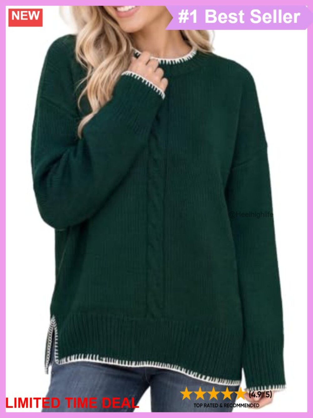 Cable Knit Crew Neck Pullover Sweater Tunic Oversized Fall Winter